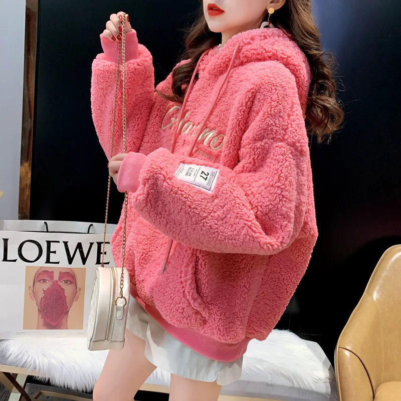 

2025 New Fleece Thickened Loose Hooded Hooded Hooded Jacket Lambswool Sweatshirt Women's Midi Top