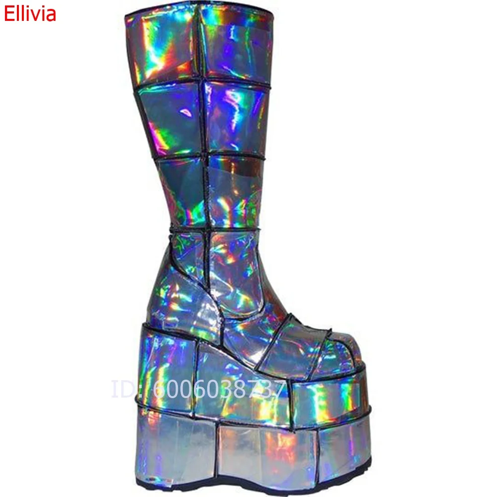 Women Silver Glitter Mid Calf Platform Wedge Boots Round Toe Side Zipper Platform Fashion Runway Stage Footwear Large Size Boots