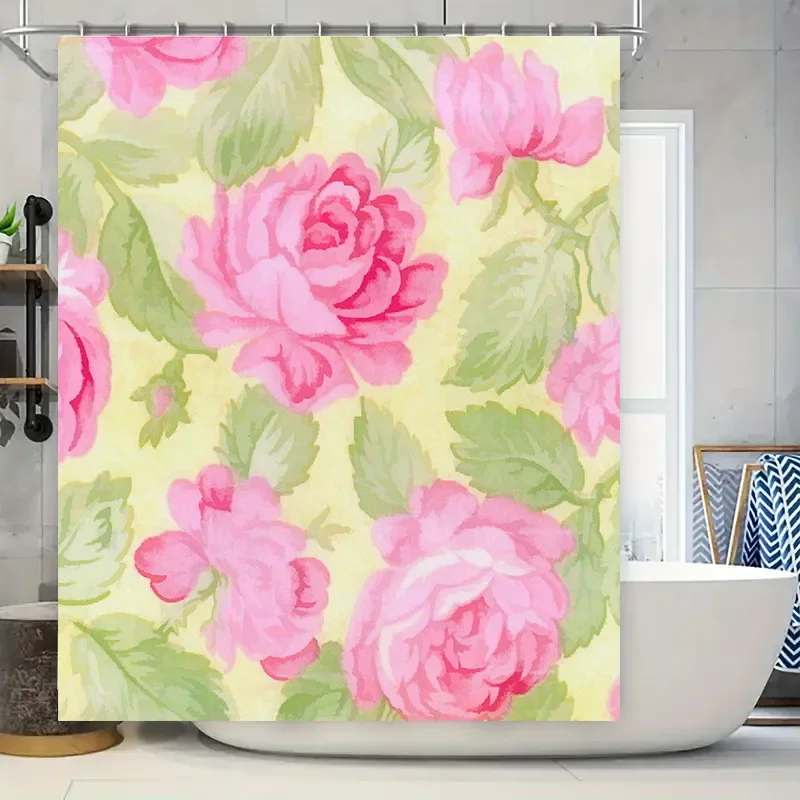 

Винтажная акварельная занавеска для душа с цветочным принтом, набор декоративных ковриков для ванной, розовые розы на желтом фоне из экологически чистого материала
