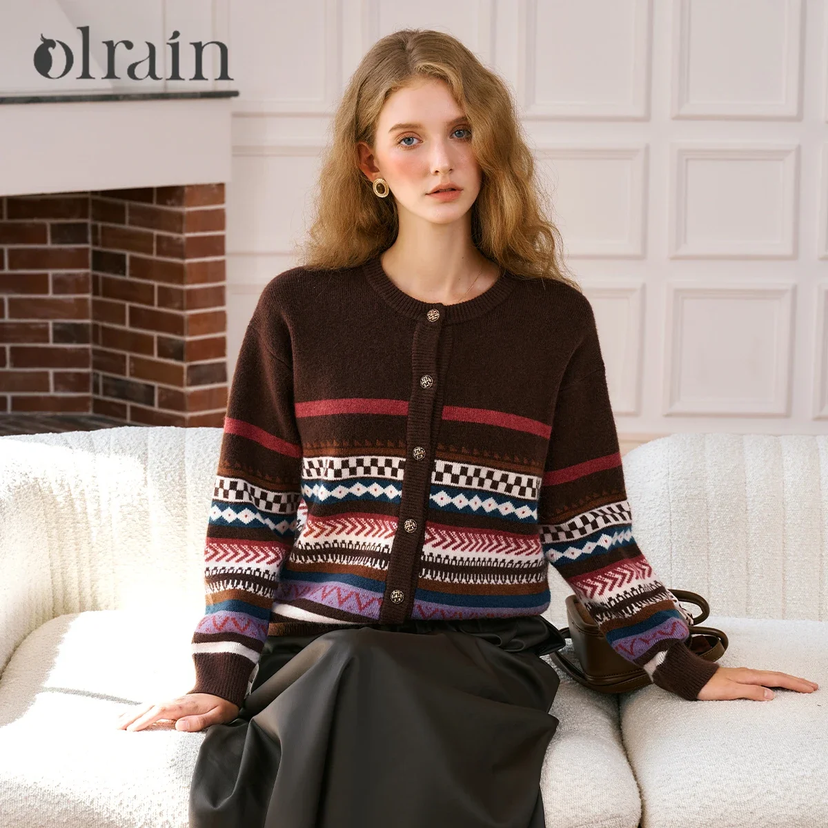 

OLrain кофейный жаккардовый кардиган женский весенний 2022, офисный женский сращенный ленивый мягкий вязаный свитер с круглым вырезом и длинными рукавами N56QM93592