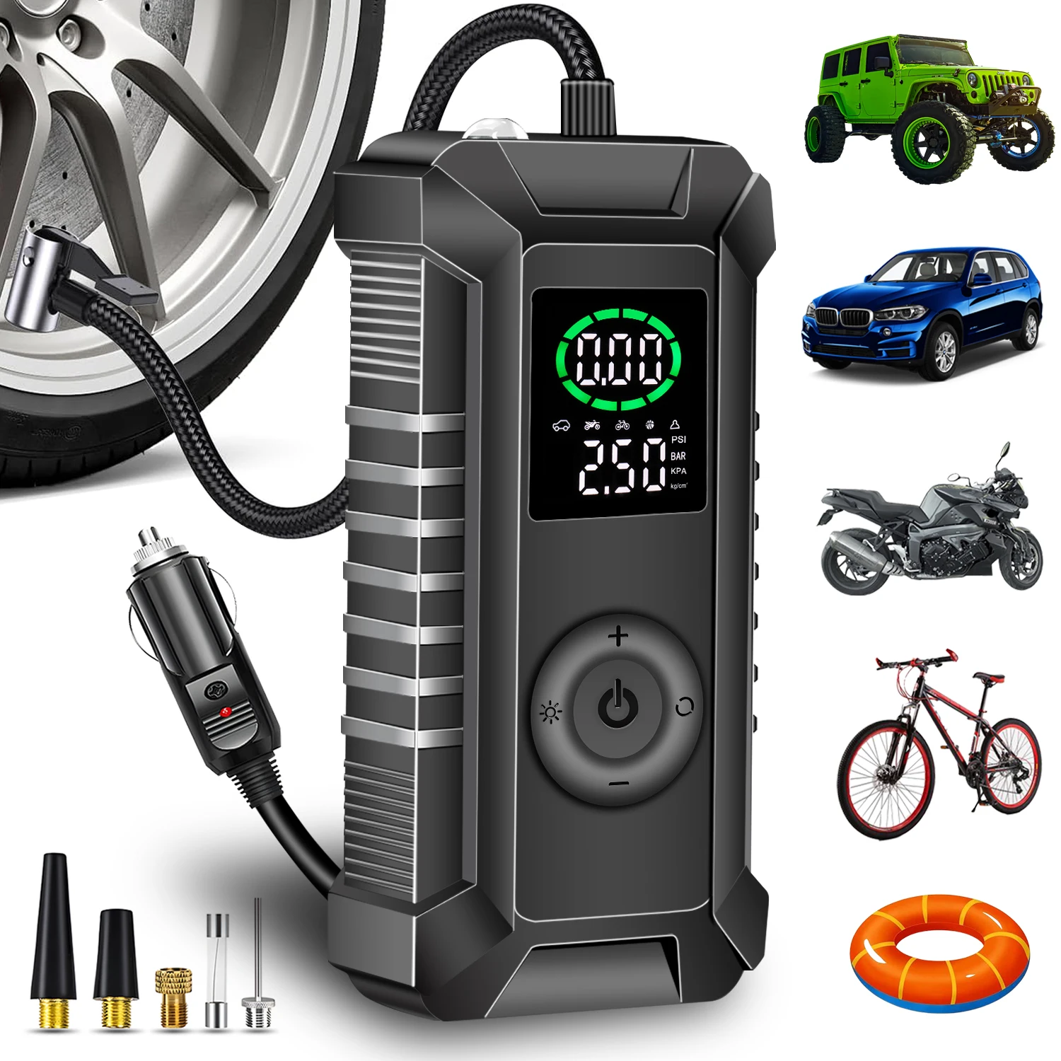 

Портативный воздушный компрессор для накачивания шин, мини-мобильный воздушный насос для автомобильных шин 12 В постоянного тока с цифровым манометром, аварийный респиратор