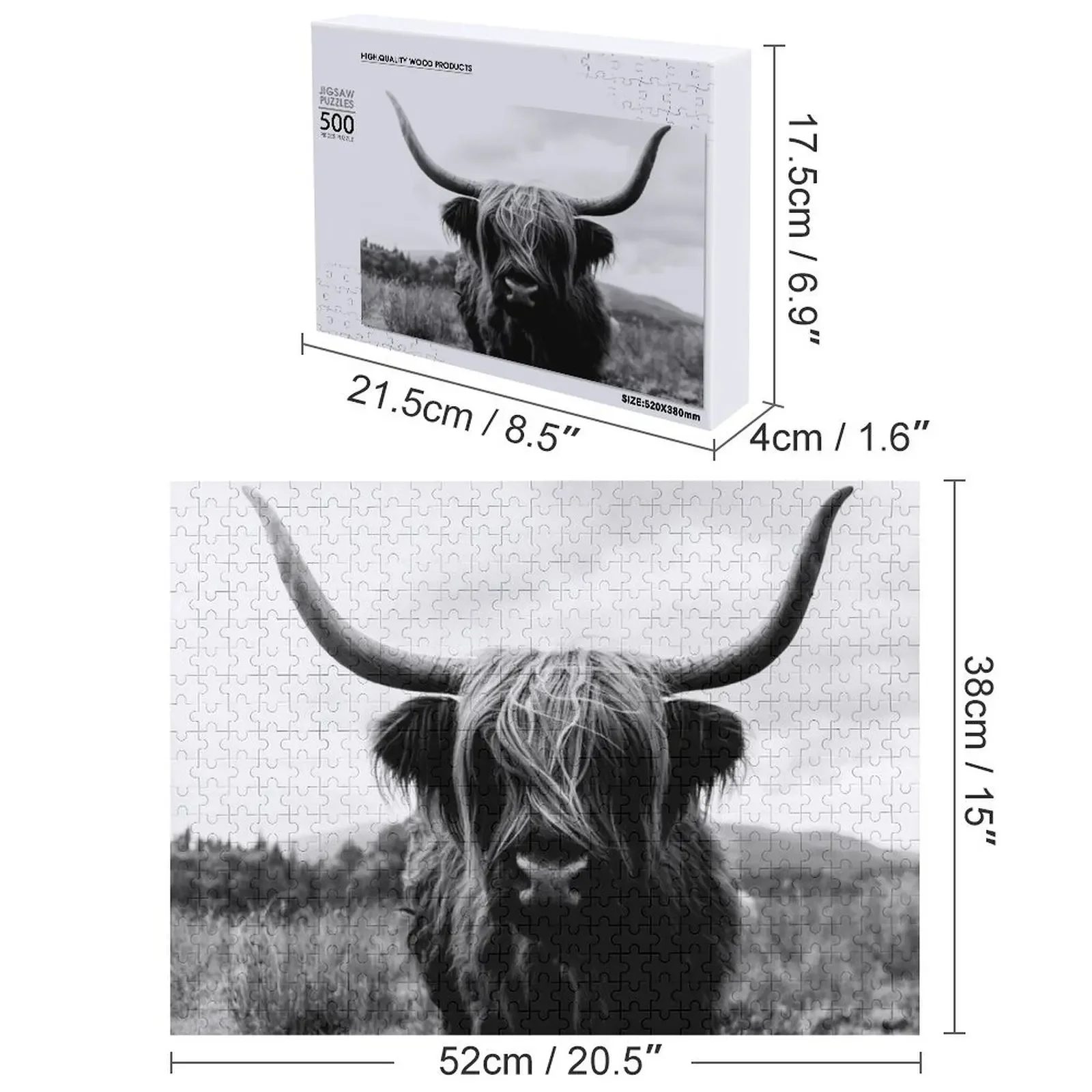 スコットランド高地牛 - 黒と白の動物写真ジグソーパズル カスタム木製ギフト パーソナライズされた子供用ギフトパズル