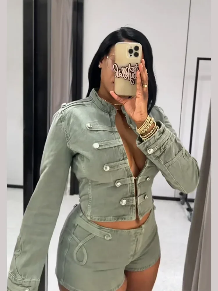 

Denim Coat Women Shorts Set Chic Long Sleeve Stand Collar Female Jacket With Hook Eye Y2k Pockets Short Pant Streetwear Outfit
