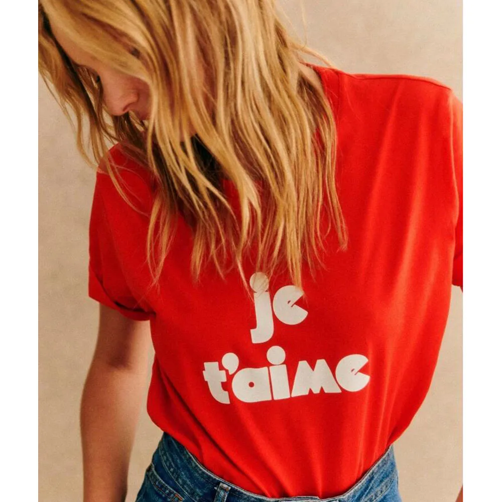 Je T\'aime French Letters Printing Female Chic Short Sleeve T Shirts Red Short Sleeve 100% Cotton Casual Tops Ins Fashion Tees