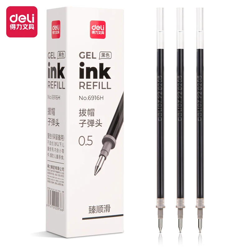 20PCS Deli 6916 0.5mm Bullet Head Pulling Cap Gel Pen Refills Black Blue Red Dark Blue 110mm Office School Supply