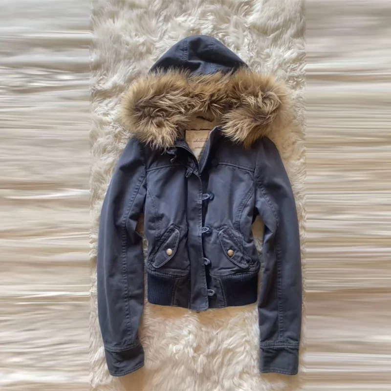 Herbst Winter Vintage Braun Kurze Kapuze Jacke frauen Volle Hülse Schlank Abnehmbare Pelz Kragen Warme 2025, NEUE Weibliche Y2k outwears – Detail 6