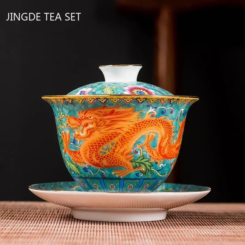 Ceramics Sancai Gaiwan Bowl Dragon and Phoenix Master Cup Tea Cup Handmade Enamel Color Tea Bowl High-end Respect Tea Set