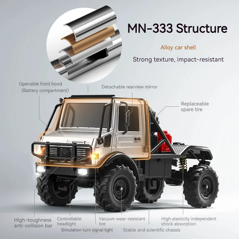 Mangniu 1/18 mn333 unimog rc carro de escalada de controle remoto tração nas quatro rodas proporção completa modelo de simulação de liga de caminhão off-road