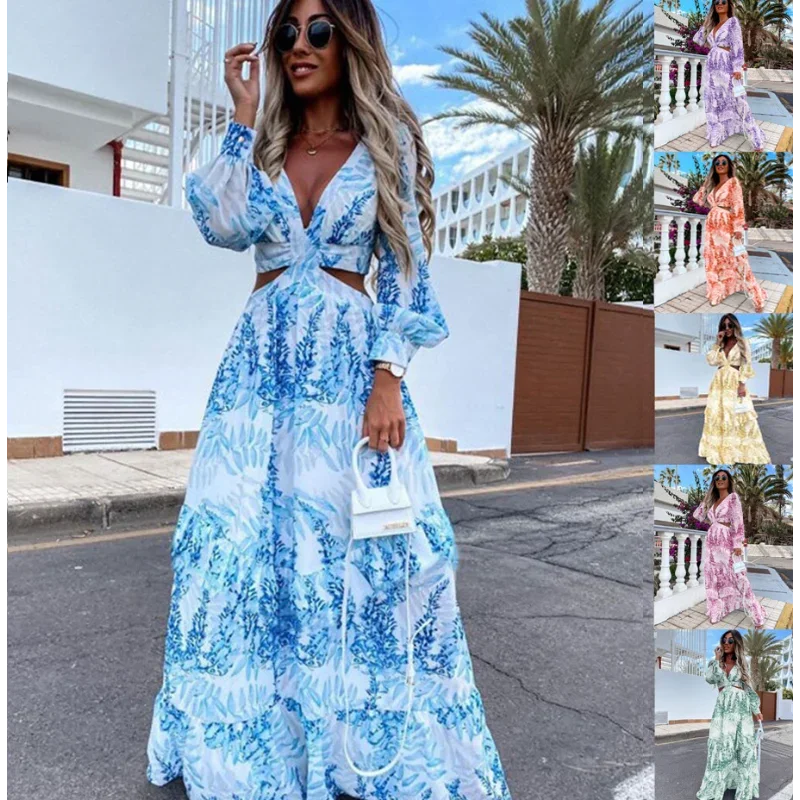 

S-3XLSpring New Long Dress Fashion Print Sexy Deep V-neck Long Sleeved Dress Women's Elegant Hollo Out Ruffle Spliced Maxi Dress
