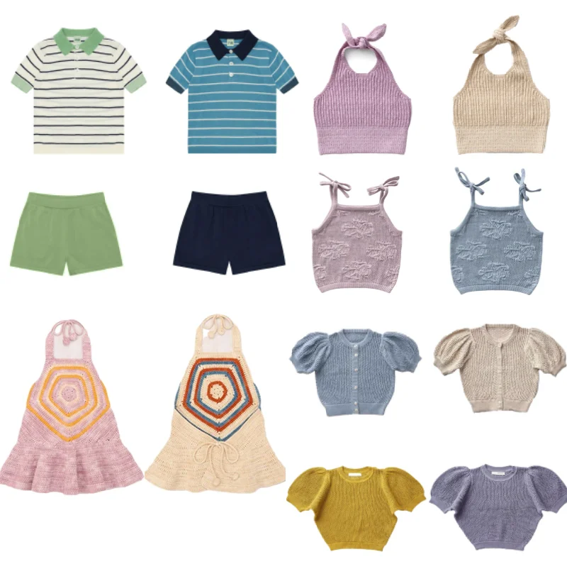 Children's T-shirt 2026 Summer New Striped Collar Boys Polo Cotton Hollow Knitted Shirt Short Sleeve Girls Hanging Neck Dress