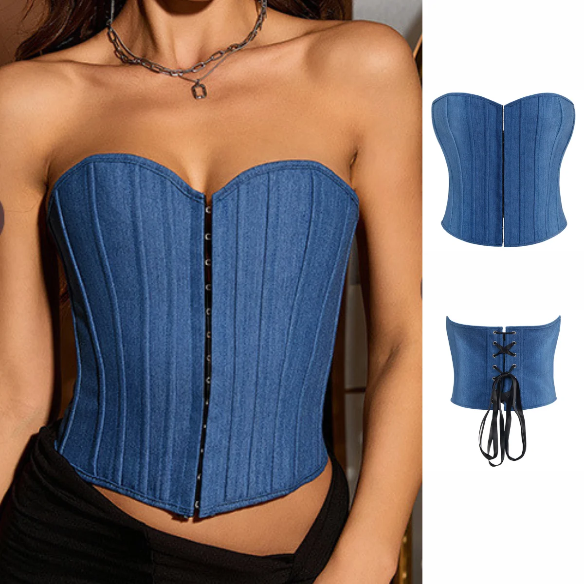 

Denim Street Style Strapless Corset Crop Tops for Women Vintage Lace Up Bustier Shapewear Fashion Lingerie Overbust Harajuku Top