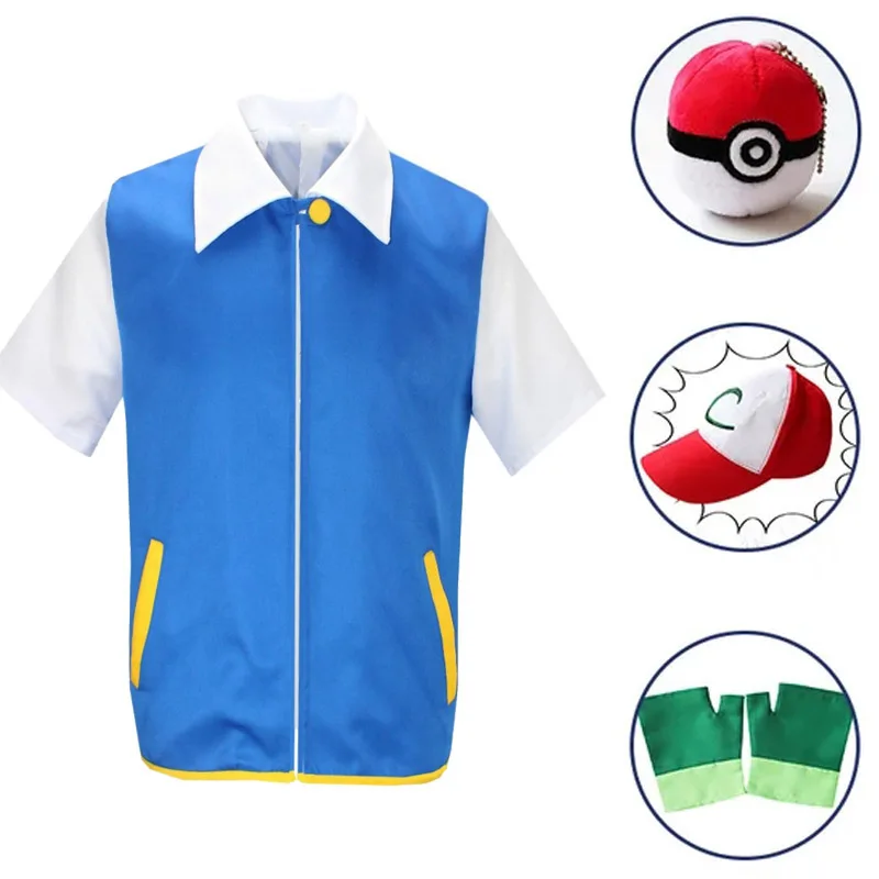 P-PokemonING Go Blue Jacket Costume ragazzi ragazze Ash Ketchum Cosplay per carnival Party Trainer Cap e guanti Set adulti Ki