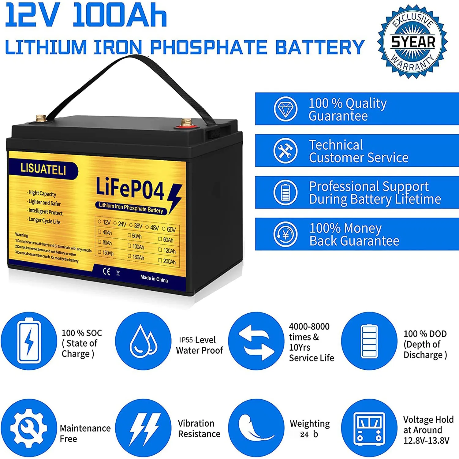 12.8V 100Ah Lithium Iron Phosphate Battery Pack 12V LiFePO4 1280Wh Battery Bluetooth BMS Smart Connection For Solar RV Camping