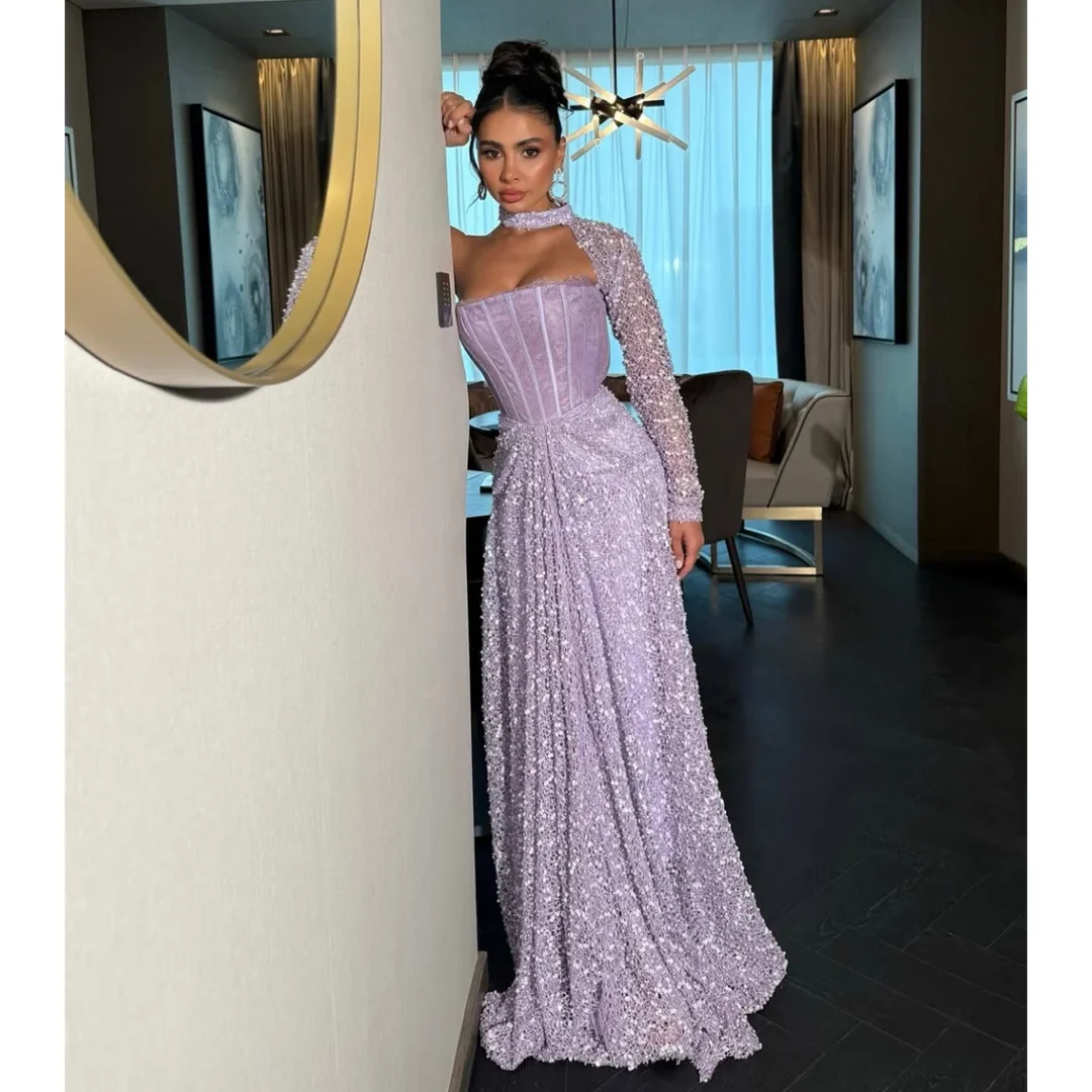

Enchanting Purple One Shoulder Ball Dress Lace Long Sleeve Party Dress Elegant Birthday Dress Wedding Guest Dress Custom