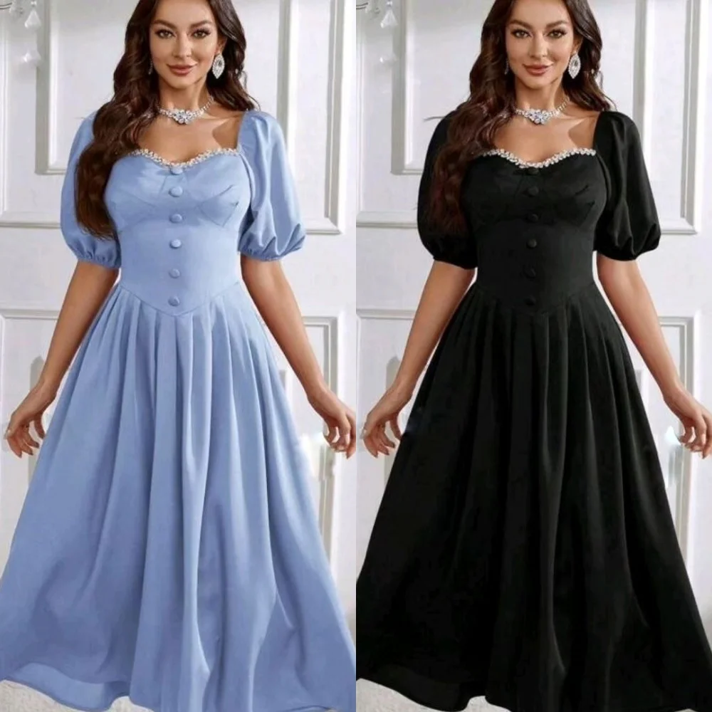 Jersey Beading Draped Pleat Celebrity A-line Square Collar Bespoke Occasion Gown Midi Dresses