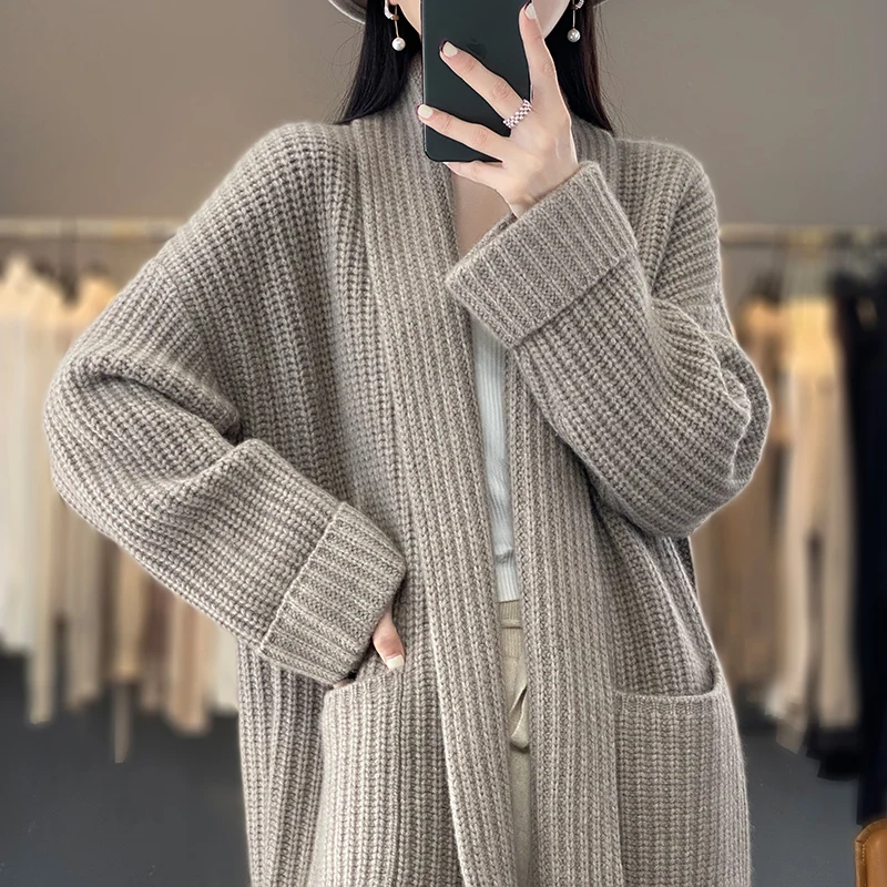 Fall/Winter New Fashion Cashmere Long V-neck Sweater Jacket Women with Pocket Loose Joker Long Sleeve Wool Knitted Cardigan