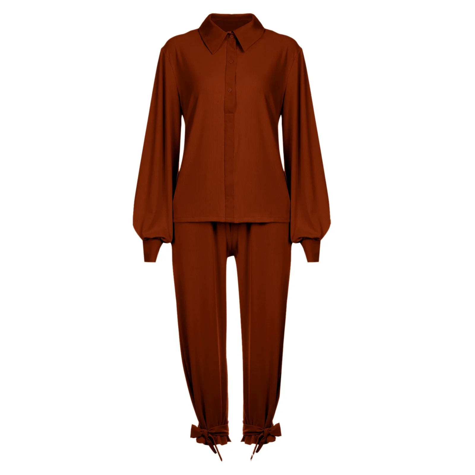 Klassisches, solides Hemd-Hosen-Set für Damen, lässig, locker, langärmelig, Revers, elastische Taille, zweiteiliger Anzug, 2025, neues Sommer-Straßen-Outfit – Detail 12