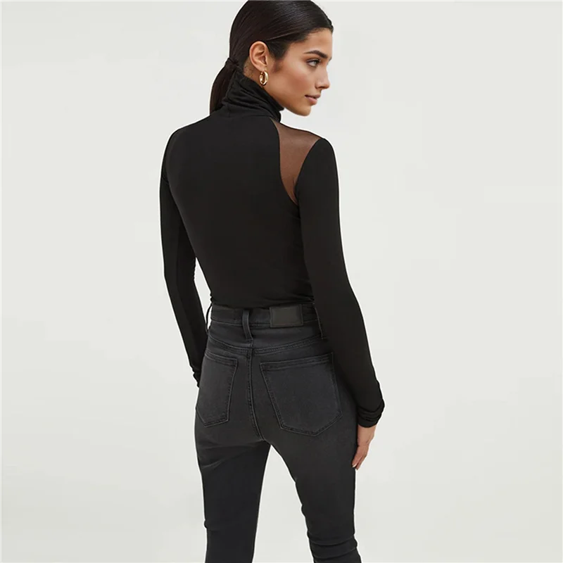 Hot Kf-dames mesh splitsen lange mouwen tops doorzichtige bodysuit party club nachtclub bodysuit zwart S