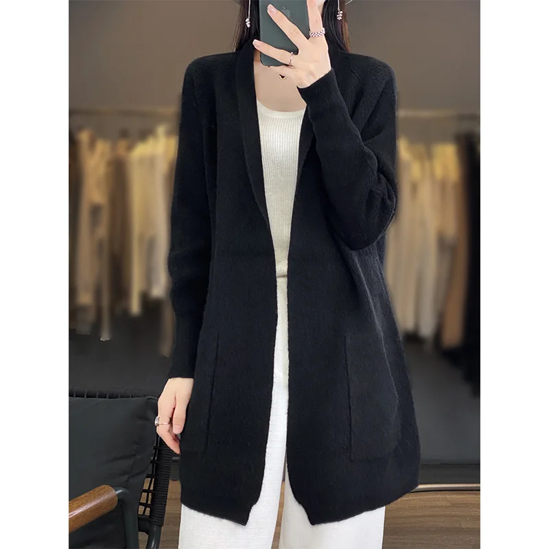 Pure Cashmere Cardigan Jacket Women\'s Medium Length Thickened Pocket Scarf Collar Versatile Wool Knit Outer Layer Sweater