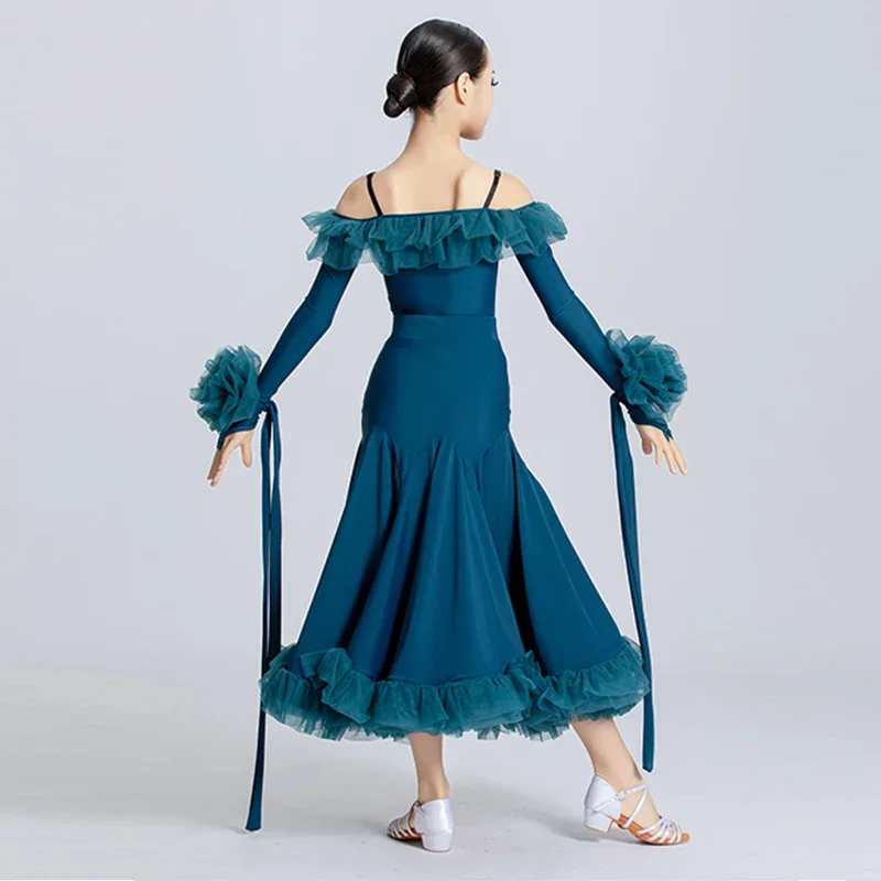 Off-Shoulder Standard Dancing Performance Costume Bodysuit Skirt Girls Peacock Blue Tango Ballroom Competition Dress