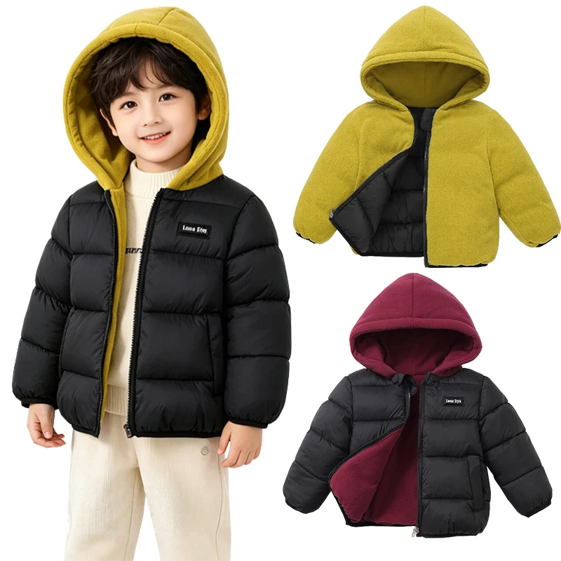 Autumn Winter Thick Warm Boys Jacket Double Side Wear Solid Color Fleece Hooded Coat For 2-6Years Kids Children Birthday Present