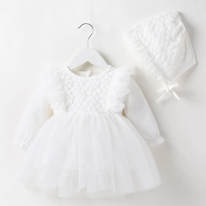 

2023 New 1st Birthday Dress Long Sleeve Cotton Embroidery Princess Dress+Hat Autumn Spring Infant Baby Dress Photography Props