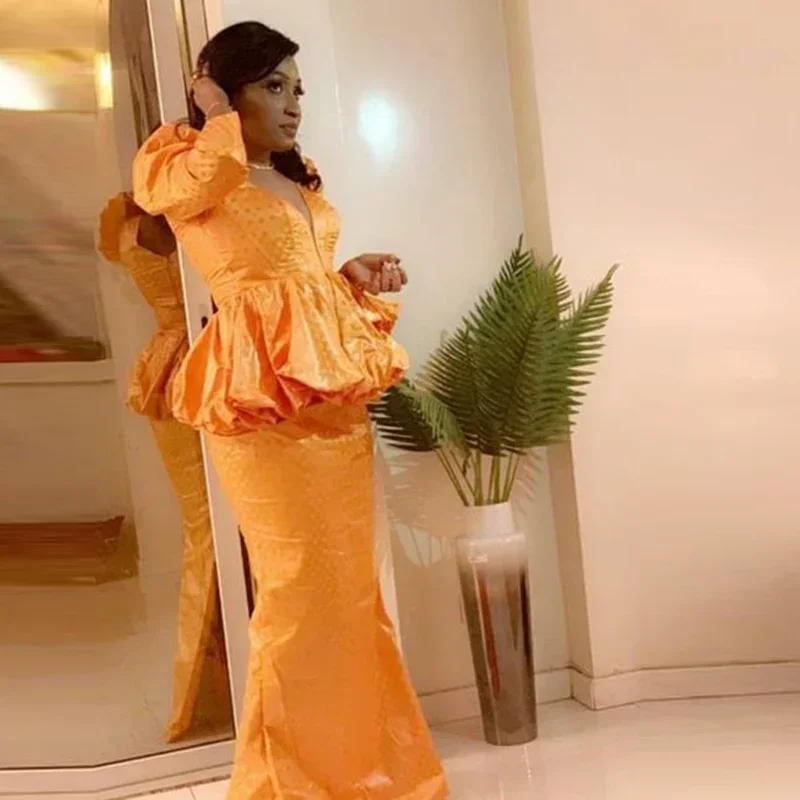 

Elegant Orange Mermaid Satin Pleated Women's Party Evening Dress Sexy V-Neck Long Sleeved Formal Occasion Ball Dress Customized