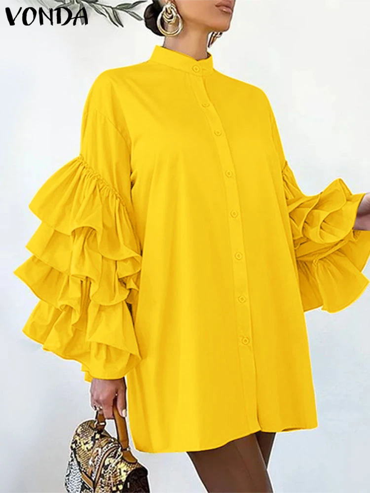 Plus Size VONDA Women Mini Dress 2025 Elegant Stand Collar Layer Ruffled Sundress Casual Solid Color Robe Long Sleeve Vestidos