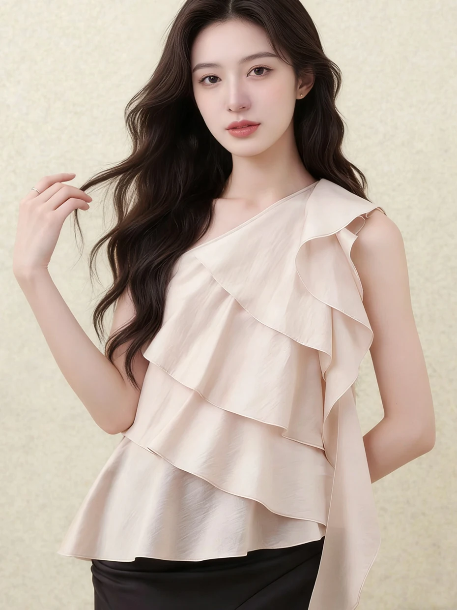 

Loose Silken Blouse Women's Sleeveless Asymmetrical Collar Lace Trim Spring Summer Slimming Top Simple Style Polyester Fiber