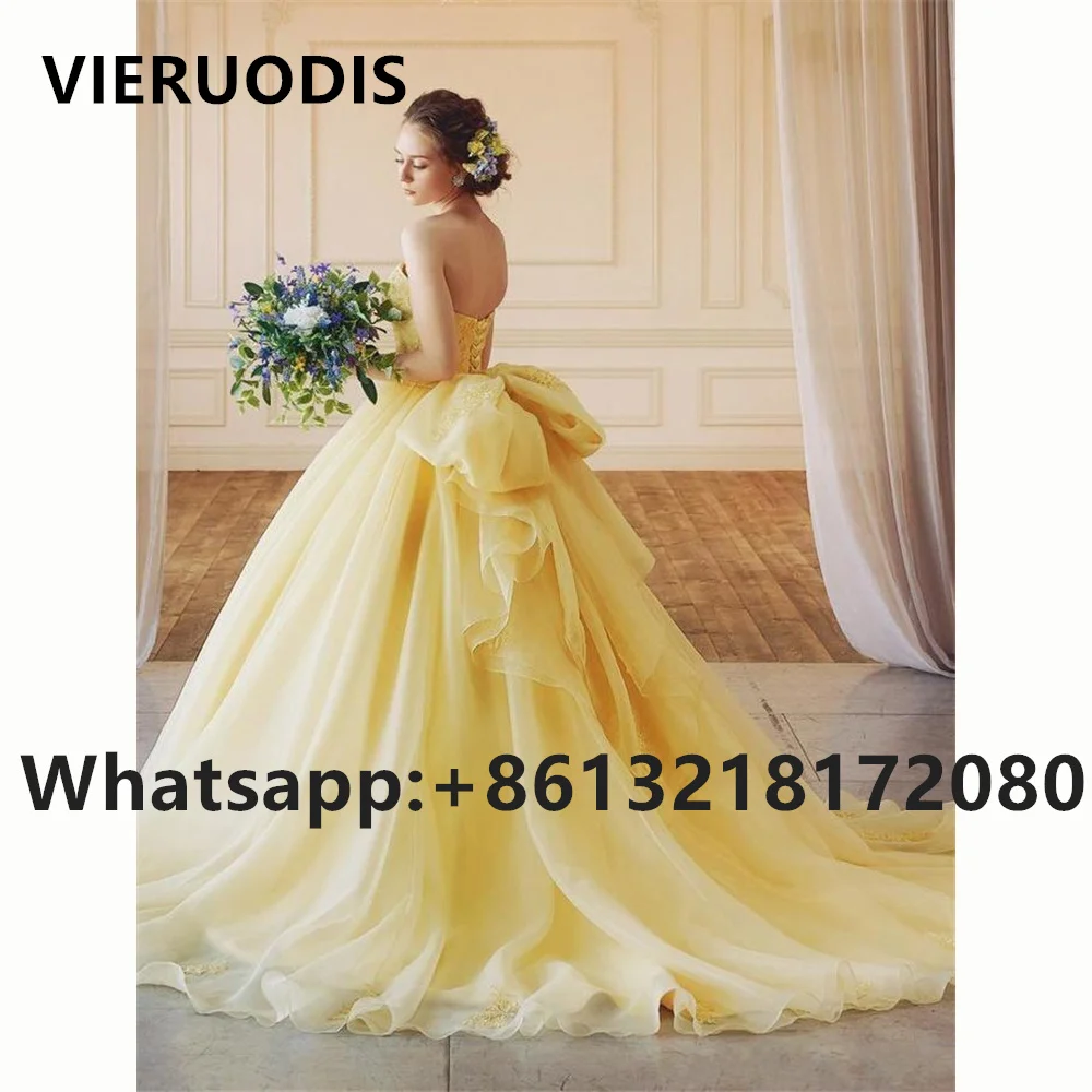 

Yellow Tulle Ball Gown Quinceanera Dresses Sweet 16 Top Appliques Lace Prom Gowns Back With Bow Vestido De 15 Anos Quinceaner