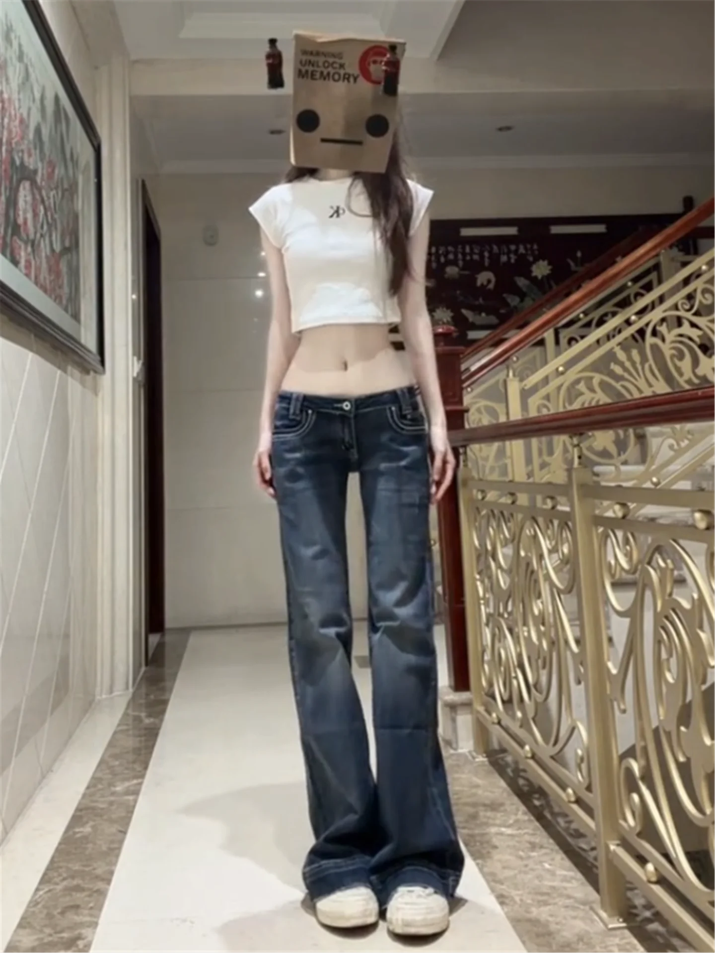 

Retro American Low Waist Bell Bottom Jeans Women's Spring Slimming Hot Pants Extended Length Casual Cotton Denim Skinnies