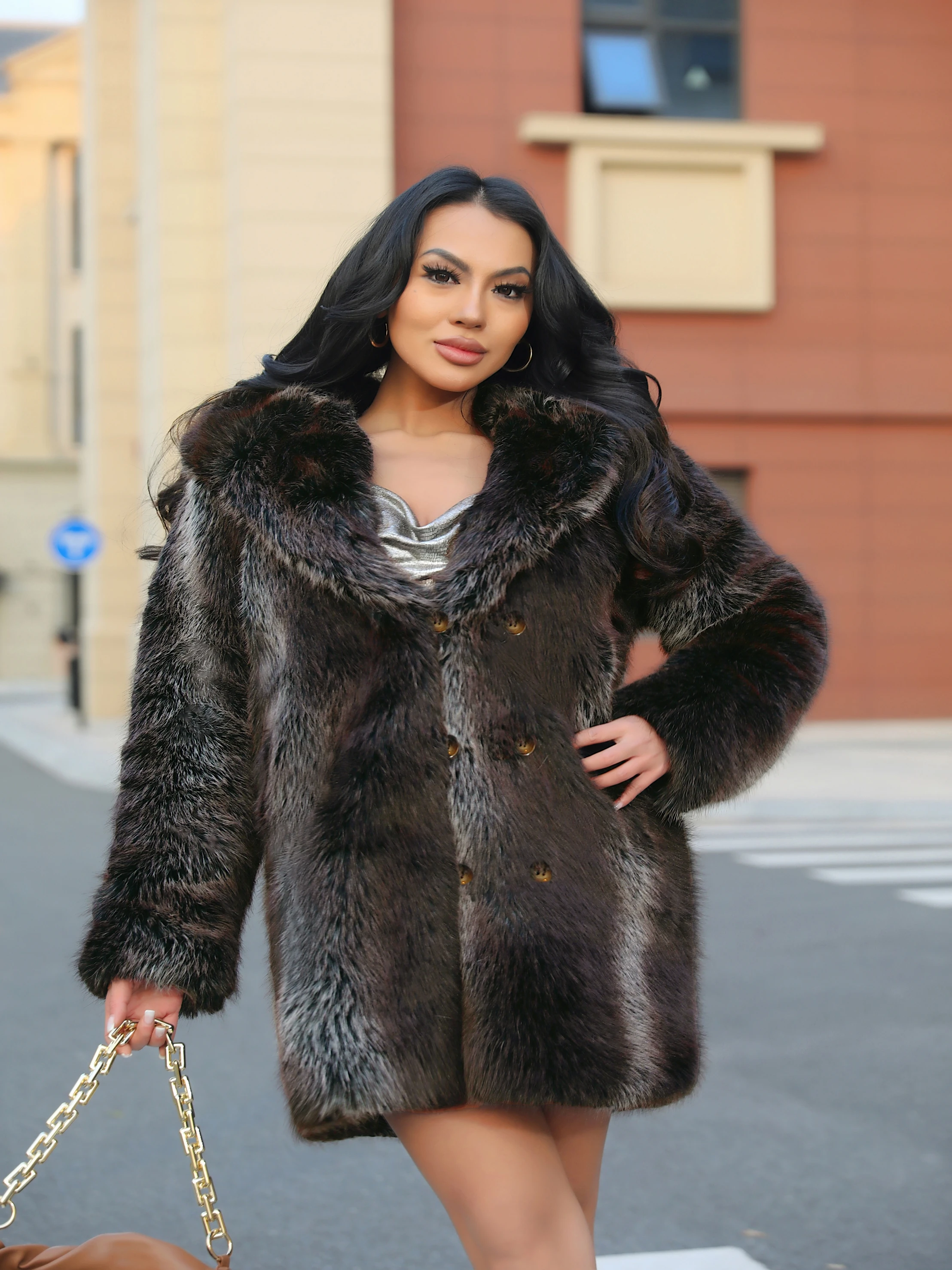 

Women's Dark Brown Stripe Faux Fox Fur Hooded Coat Mid-Length Fluffy Warm Winter Jacket Cat Ears Fashion Streetwear Party Daily