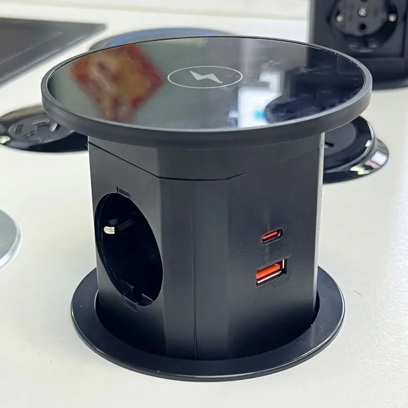 Black Small EU/USPower Hydraulic Pop Up Kitchen Counter-top Outlet USB Socket with 15w Fast Wireless Charger for Office Home
