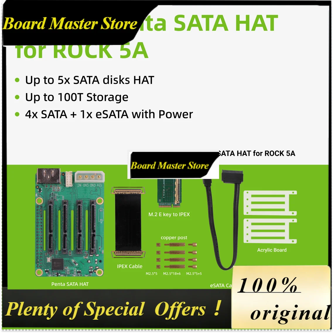 BoMaSROCKPI Penta SATA HAT - Up To 5x SATA Disks HAT For Raspberry Pi 5 And ROCK Pi SBCs,3C,5A, 4A / 4B / 4SE / 4A+ / 4B+ / 3A