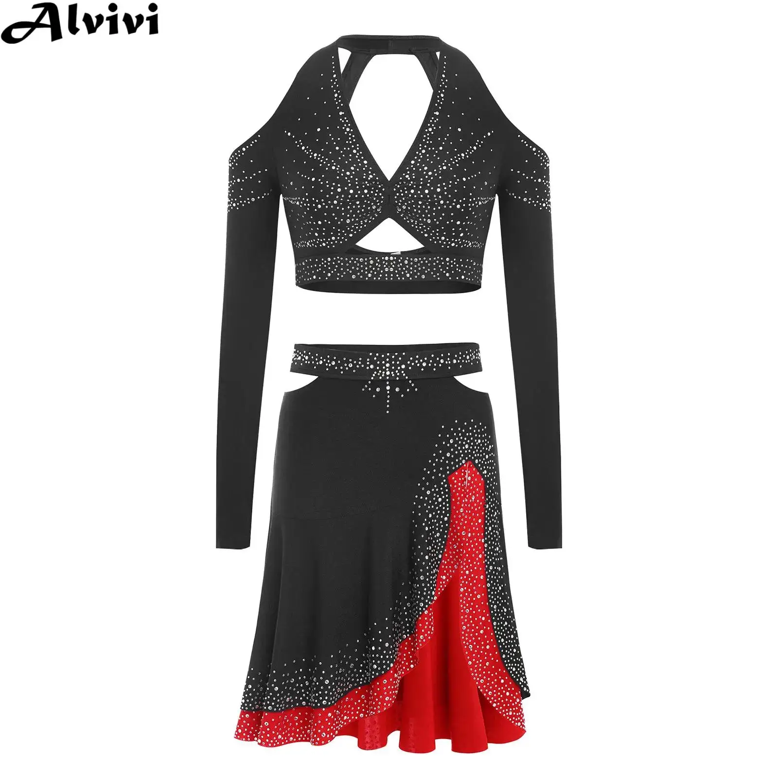 

Women Jazz Latin Dance Performance Outfit Long Sleeve Rhinestones Crop Top with Elastic Waist Skirt for Rumba Tango Ballroom