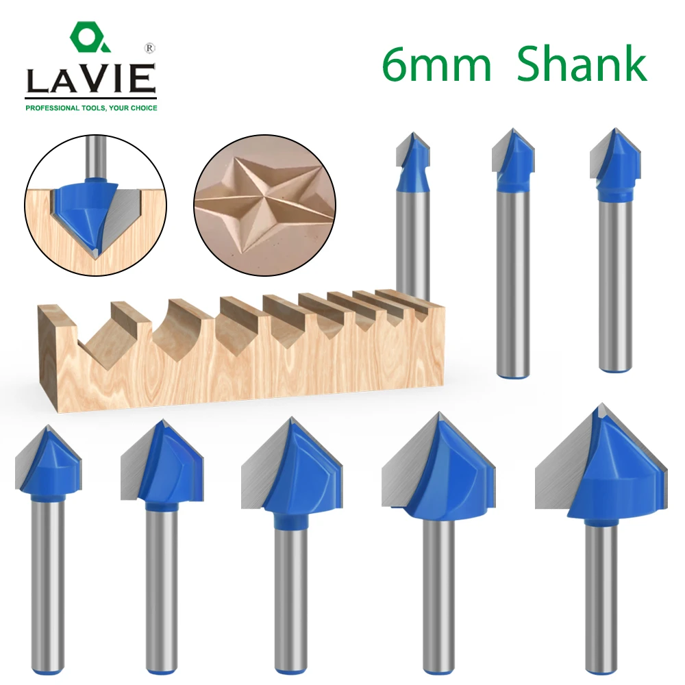 

LAVIE 6mm 1/4 shank 90 V Type Slotting Cutter Carving Grooving Tools router bit set Safety Milling Cutters MC09120S06