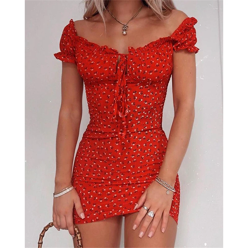 Vestido corto de verano con estampado Floral para mujer, minivestido de oficina con volantes delanteros y hombros descubiertos, cuello de barco