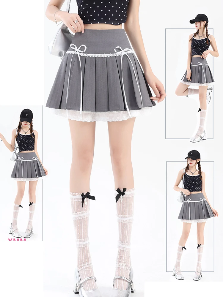Y2k Pleated Skirts Women Bows Decoration A-line Mini Skirt Harajuku