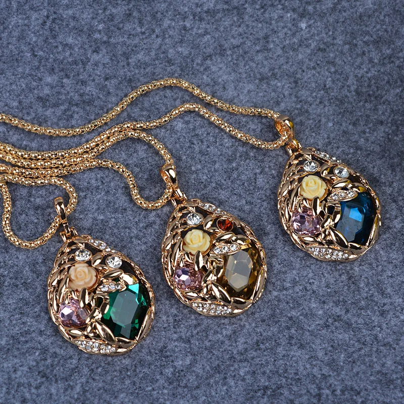 Crystal Flower Necklaces & Pendants for Women Trendy Gold Color Long Necklace Collier Femme Fashion Female Sweater Chain Jewelry