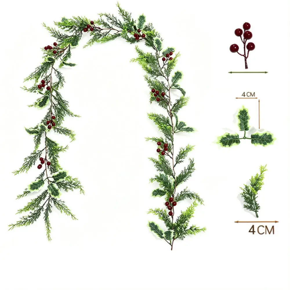 Decorative Christmas Pine Needle Vine Red Berry Garland Artificial Plant Home Decor Festive Seasonal Ornament