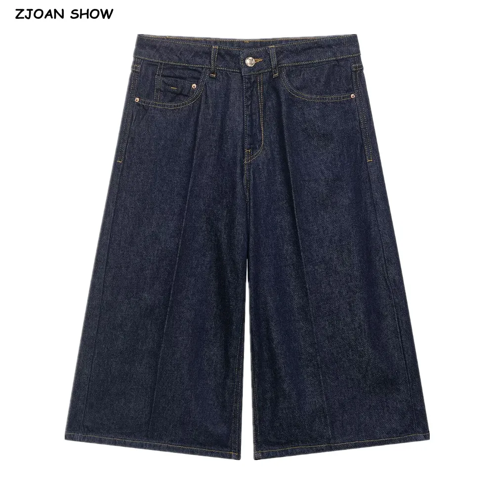 

Fashion Baggy Deep Blue High Waist Ripped Hole Straight Knee Length Wide Leg Jeans Women Loose Denim Pants Short Trousers