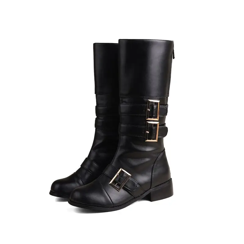 REAVE CAT Classic Women Riding Boots Round Toe Thick Heels Zipper Belt Buckle Big Size 46 47 48 Casual Retro Mid Calf Daily Bota image 6