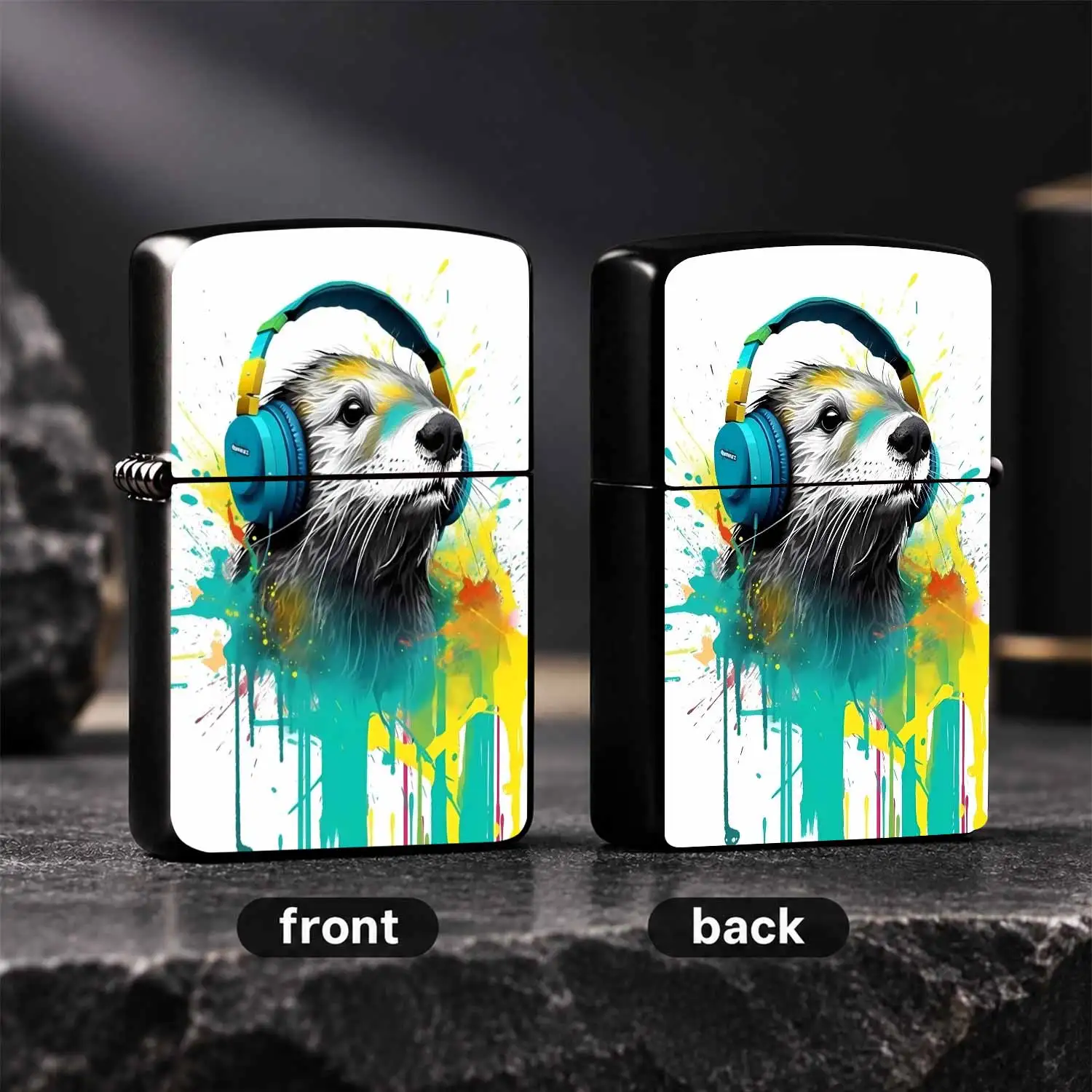 Creative Splash Color Cool Otter Wearing Headphones Lighter, Stylish Artistic Portable Ignition Item, Suitable for Camping, Incense Lighting, Daily Ambience Creating, Multi-scenario Practical Exq A Humorous And Interesting Lighter