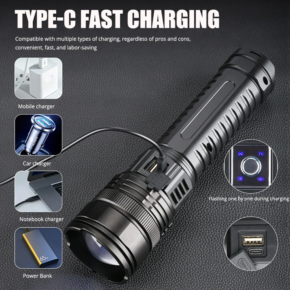 10000LM/800W Super Bright Tactical Flashlight 15000mAh Built-in Battery  Rechargeable LED Torch for Emergency & Holiday Gifts