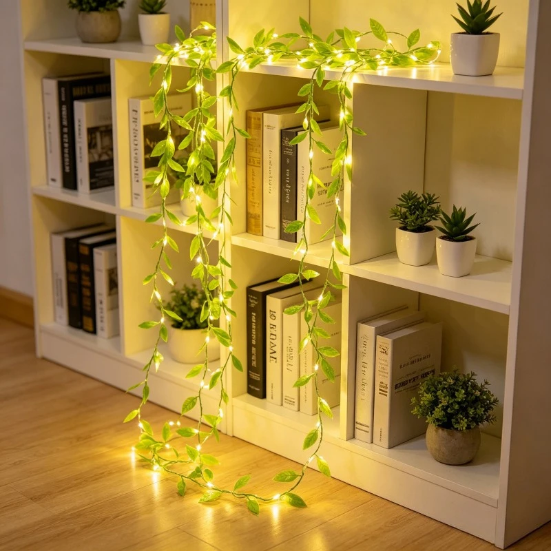 2M 20LED Willow Curtain Light String Battery Box Always on Imitation Leaf Copper Wire Lamp Wrought Iron Basket Decor Light