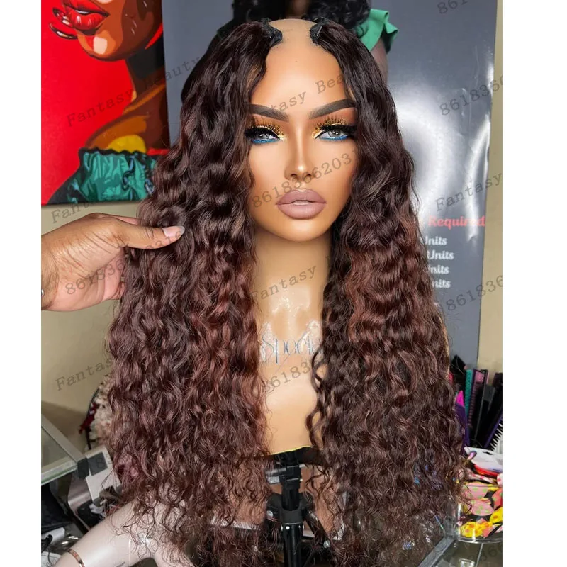 

Ombre Dark Copper Brown Natural Wave Curly Blonde Middle U Part Wigs with Clips Natural Glueless Full 180Density Wigs for Women