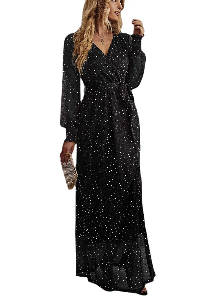 Women Long Sleeve V Neck Maxi Printed Dress