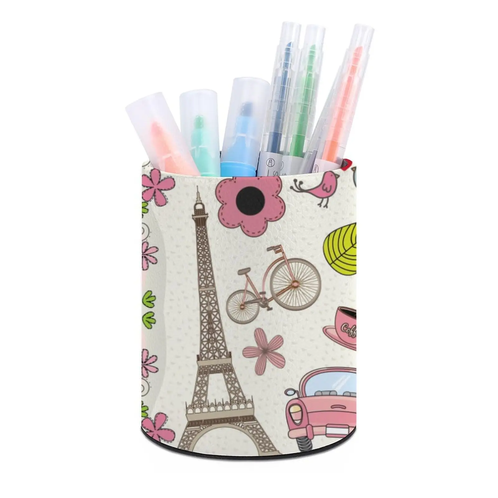 PU Leather Desktop Pen Stationery Organizer Case Eiffel Tower Flower Paris Pencil Holder Pot for Office Classroom Home School