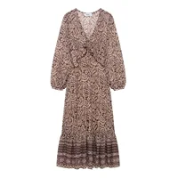 2025 Spring New Product Women's Stacked Decorative Printed V-neck Midi Dress Fashion Retro Pattern Printed Skirt