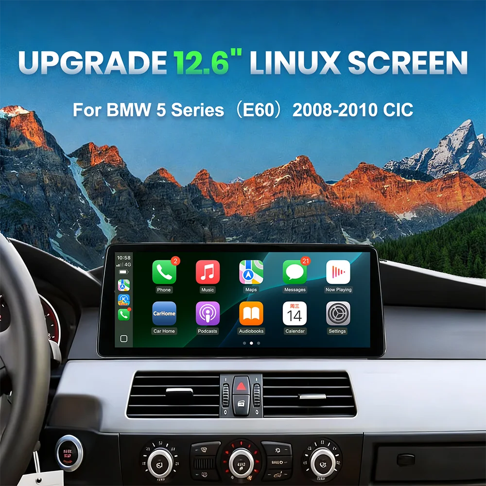 12.6inch Ultra-Wide Linux Car Display Upgrade Kit for Bmw E60 5-Series Cic System Models from 2008-2010, Plug and Play, Supports the Original Idrive System and Steering Wheel Controls.